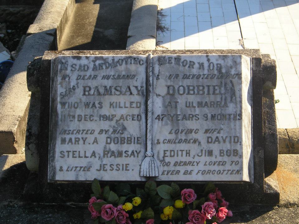 In sad and loving Memory of my Dear Husband & your devoted wife Sergt RAMSAY DOBBIE who was killed at lmarra 11th Dec. 1917, aged 47 years 9 months. Inserted by his loving wife Mary. A DOBBIE & children, David, Stella, Ramsay, Edith, Jim, Bob & little Jessie. Too dearly loved to ever be forgotten.
