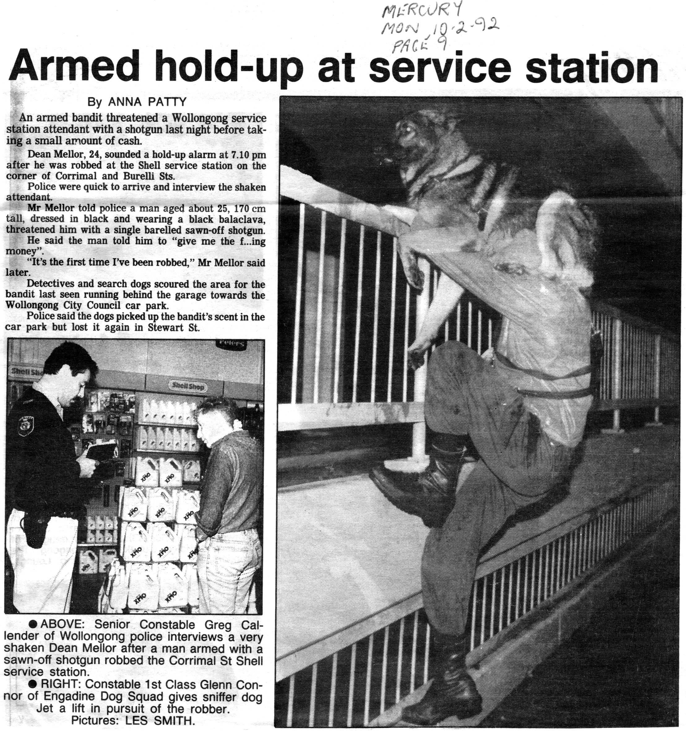 Armed hold up at service station. Illawarra Mercury page 9 Monday 10 February 1992 with police dog Jet