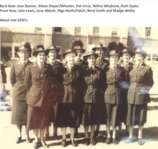 Back Row ( L - R ) Joan BANNER, Aileen DWYER / Aileen WHEELER, Dot IMRIE, Wilma WHYBROW, Ruth STYLES. Front Row: Julie LEWIS, June ABBOTT, Olga NORTH / Olga HATCH, Beryl SMITH, Madge WELBY - Redfern Police Academy about mid 1950s.