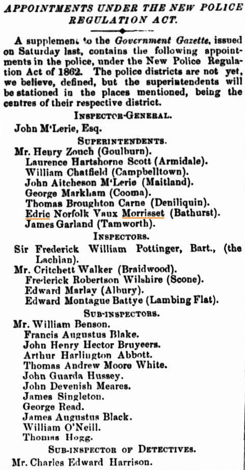 Appointments under the New Police Regulation Act - 1862
