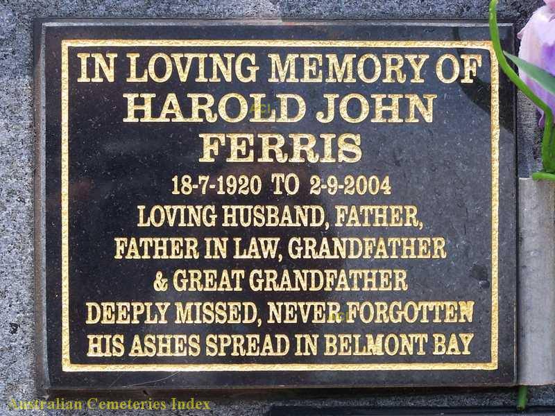 Harold John FERRIS - memorial plaque