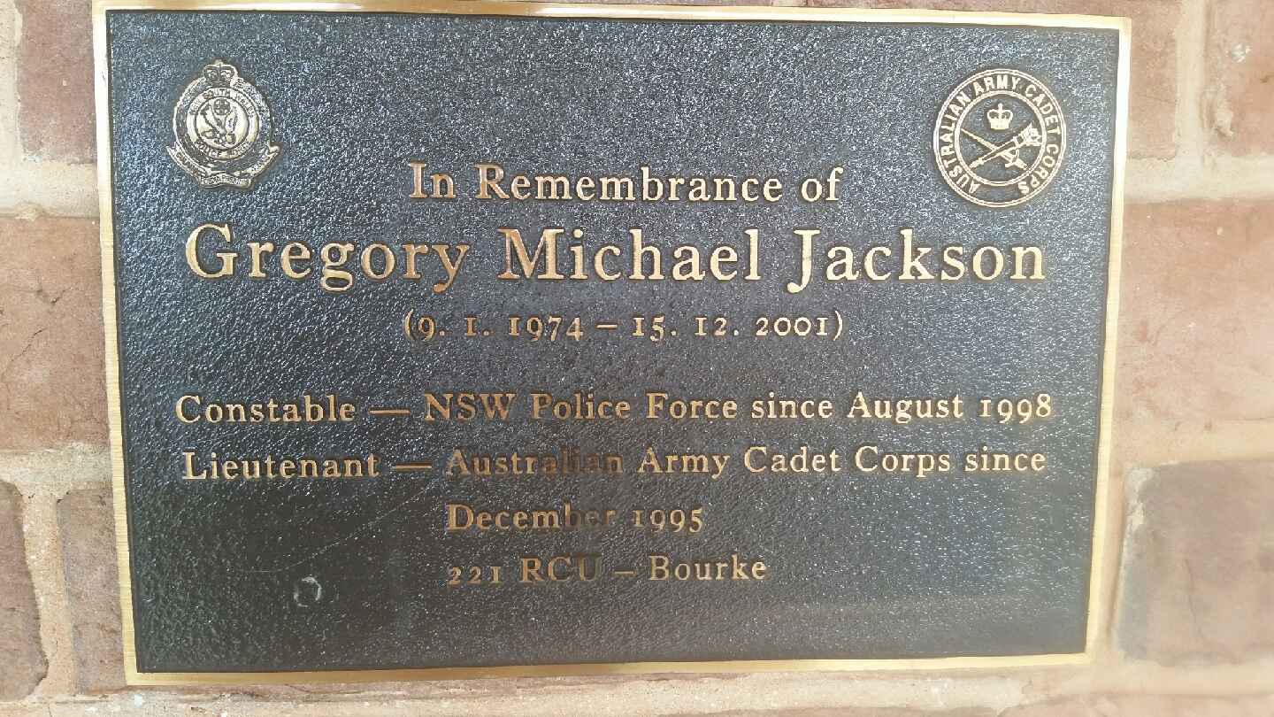 Gregory Michael JACKSON memorial plaque on the front wall of Bourke Police Station.
