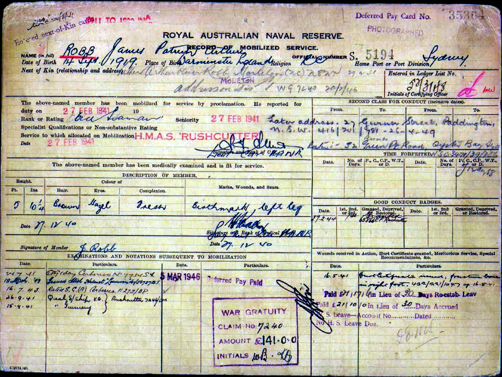 1941 Naval record