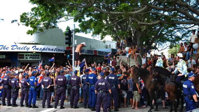 Police line block the crowd in Cronulla. Picture: Craig Greenhill