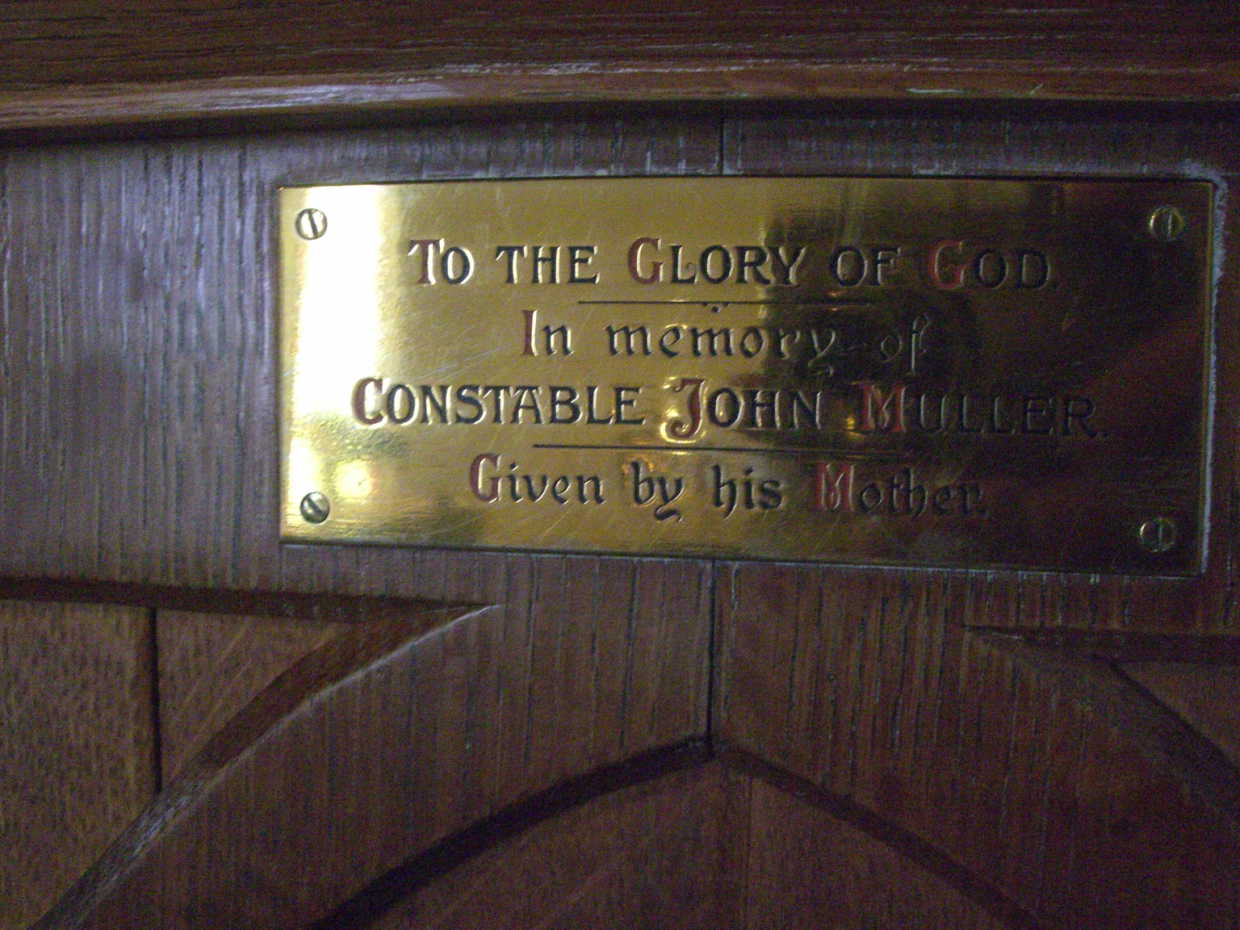 Memorial at: St Edmunds Church of England, Gunning, NSW<br /> Gift of Bishops Chair to St Edmunds Church of England, Gunning NSW by his mother Rose Muller.<br /> Inscription:<br /> To the Glory of God<br /> In memory on<br /> Constable John MULLEN<br /> Given by his mother