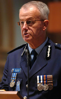 Queensland Police Commissioner Bob Atkinson recites the Valedictory at the funeral of Constable Brett Andrew Irwin at the St Stephens Cathedral. Picture: AAP/Tony Phillips