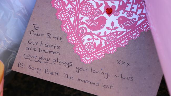 Memorial located at: ?<br /> A card left by Brett Fortes in-laws. Picture: Darren England<br />