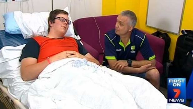 Josh and his father Richard Lawrie shown in his hospital ward at Nepean Hospital. Photo: Channel 7