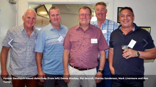 These photos appeared in the Deniliquin Pastoral Times, February last year ( 2018 ). The first one was taken at Charlie’s sendoff from Deniliquin around 1990…they recreated the shot at the Deni Police Re-union in February last year ( 2018 ). We did indeed have fun with Charlie…may he rest in peace. The two guys to the right who did not make the reunion are Paul Hansen (glasses) and Cameron Wendt. So proud to have worked with all these fellows. Pat Seccull