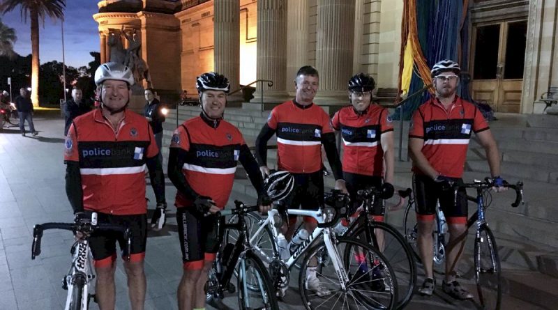 Warwick Campbell, Mark Meredith, Peter Ensor, Nathan Edwardson from Canberra, and Tom Magann at the Police Remembrance Ride. Photo: CONTRIBUTED