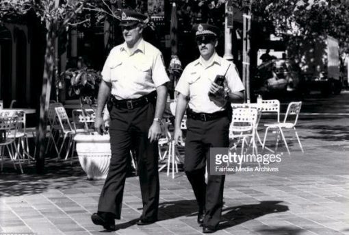 25 Feb 1985: Police At Kings Cross -- Sgt Ray Rickwood and Const Steve Colman, pictured walking the beat around Kings Cross. Pics show various sections of Kings Cross and also Macleay Street. Sgt Rickwood is the taller man.