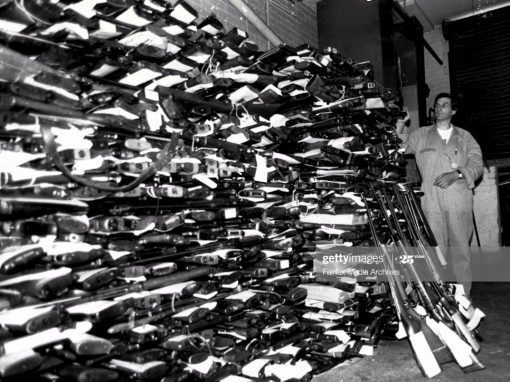 Stockpile of some 6,000 weapons in the armoury at the old C.I.B. building Surrey Hills. Public Servant, Denis Strickland who has the task of processing the weapons collecting of and returning of same. With the Liberal Govt. in power, the guns that where handed in during recent amnesties etc, in line with the old state Labour Gov. policy, can be reclaimed by their owners. March 28, 1988. (Photo by Robert Pearce/Fairfax Media via Getty Images).<br />