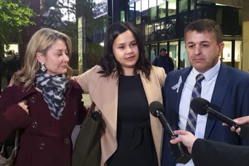Josephine Vidal, Jessica Loh and Chief Inspector David Vidal speak to reporters about the death of Constable Aaron Vidal outside Parramatta District Court in Sydney, Friday, June 4, 2021. (AAP Image/Luke Costin) NO ARCHIVING