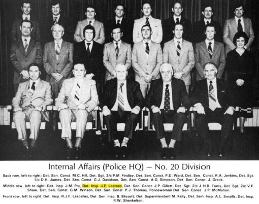 Internal Affairs ( Police HQ )( College St, Sydney ) ( 20 Division ) 1979 Back Row ( L - R ): Det SenCon M.C. HILL, Det Sgt 3/c P.M. FINDLAY, Det SenCon P.D. WARD, Det SenCon R.A. JENKINS, Det Sgt 1/c D.H. JAMES, Det SenCon G.J. DAVIDSON, Det SenCon A.G. SIMPSON, Det SenCon J. GRECK Middle Row ( L - R ): Det Insp J.M. PRY, Det Insp James Edward LOOMES ( # 6126 )( Cadet # 0515 ), Det SenCon J.P. GILLETT, Det Sgt 2/c J.H.R. TOMS, Det Sgt 2/c V.G. SHAW, Det SenCon G.M. WINSON, Det SenCon P.J. THOMAS, Policewoman Det SenCon J.PM McMAHON Front Row: ( L - R ): Det Insp R.J.F. LASCELLES, Det SenInsp B. BLISSETT, Det Supt. M. KELLY, Det SenInsp A.L. SMAILLS, Det Insp R.W. SHANKELTON