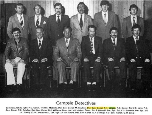 Campsie Detectives Back row, left to right: P.C. Const. 1/c R.E. McBride, Det. Sen. Const. M. Scullion, Det. Sen. Const. P.H. Lander, P.C. Const. 1/c M.K. Lang, P.C. Sen. Const. N.K. Colefax, Det. Sen. Const. D.J. Williams. F ront row, left to right: Const. 1/c R. Baltoski, Det. Sgt. 3/c A.D. Edwards, Det. Sgt. 2/c J.C. Gandy (O.I.C. Detectives), Det. Sgt. 2/c I.D. Shore, Det. Sen. Const. A.J. Collings, P.C. Sen. Const. G.M. Long.