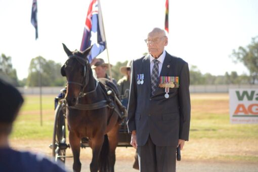 World War II veteran Harry Coggan recited The Ode at the 2016 Anzac Day harness race meeting. The event is on again on April 25. 