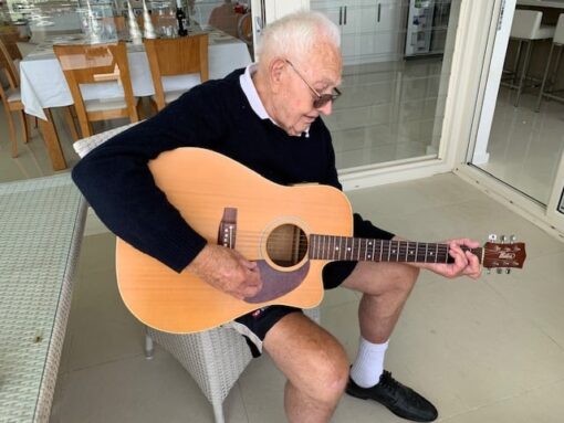Wally TUCHIN on his 97th birthday, playing guitar on 11 December 2020