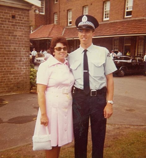 Raymond HALL with his mother on 25 February 1974 at Redfern Police Academy.