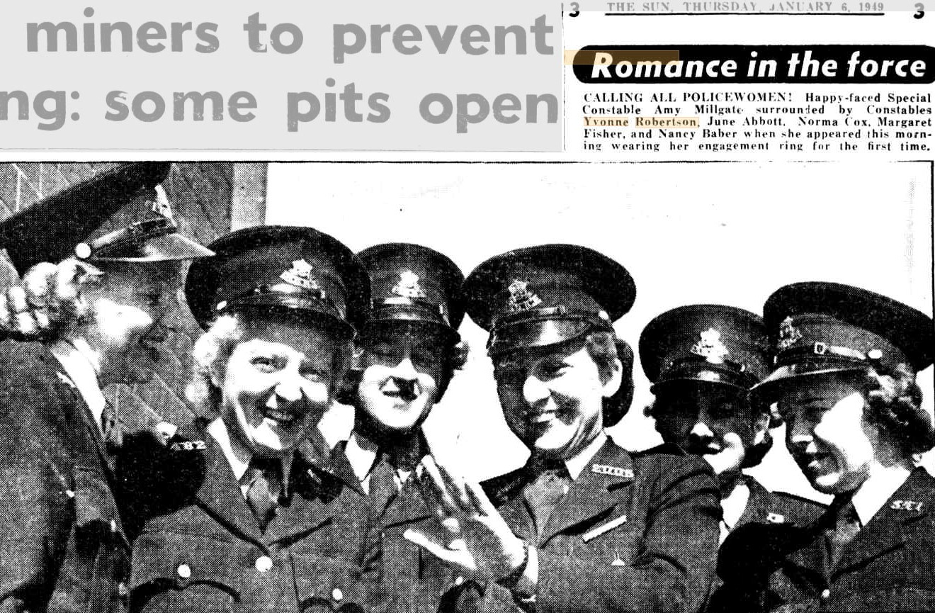 Romance in the force Calling all Policewomen! Happy faced Special Constable Amy MILLGATE surrounded by Constables Yvonne ROBERTSON, June ABBOTT, Norma COX, Margaret FISHER and Nancy BABER when she appeared this morning wearing her engagement ring or the first time. https://trove.nla.gov.au/newspaper/article/230239833