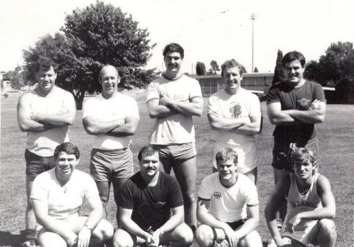 Queanbeyan Police Touch Footy Back Row ( L-R ) Peter ROWLAND, John DAGWELL, ?, Dave KANE, Mark FRANCISCO Front Row ( L-R ) ?, Doug WILLIAMS, David RICHES, Tom KNIGHT ( Son of Prosecutor - Mick KNIGHT ) 