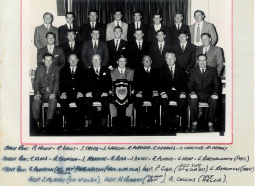 Back Row: B. NIVEN, R.DAVIS. J. CRIBB. J. LARKIN, R.FURTNER, G. ORCHARD, Gary LANGFORD, M. FRAWLY <p>Middle Row: T. FLOOD, A. THOMSON, J. MANNING. A. RUDD, J. DOYLE, R. PONDER, G. KEMP, G. BARTHOLOMEW ( President ) <p>Front Row: G. PATERSON ( Ass. Sect. PRLFA ), ALE? CLARKSON ( Cronulla Sutherland Club ), Insp. P. GIBB ( Asst. Supt. # 5 Sub Dist ), G. BEAUMONT ( Captain ), Insp. J. MURRAY ( OIC # 24 Div ), Insp. H. PEARCE ( 10mm REP ), B. COLLINS ( Sect. P.R.L.F.A. ) Date unknown