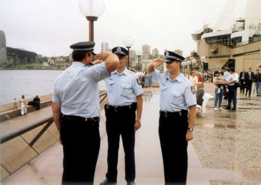 Alan RUDD receiving a salute from his sons - Steven RUDD & Matthew RUDD who had just Attested at the Sydney Opera House with Class 259 on Friday 17 February 1995.