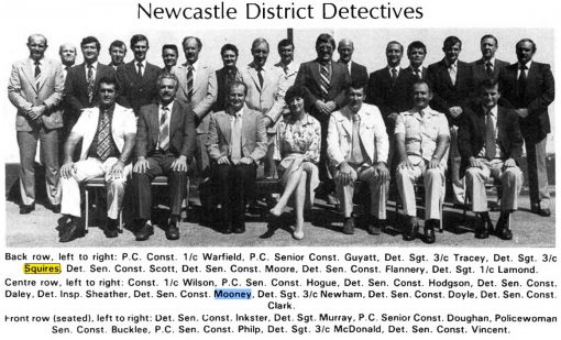 Newcastle District Detectives: Back Row ( L - R ) P.C. Cst 1/c WARFIELD, P.C. SenCon GUYATT, Det Sgt 3/c TRACEY, Det Sgt 3/c SQUIRES, Det SenCon SCOTT, Det SenCon MOORE, Det SenCon FLANNERY, Det Sgt 1/c LAMOND Centre Row Cst 1/c WILSON P.C. SenCon HOGUE, Det SenCon HODGSON, Det SenCon DALEY, Det Insp SHEATHER, Det SenCon MOONEY, Det Sgt 3/c NEWHAM, Det SenCon DOYLE, Det SenCon CLARK. Front Row: Det SenCon INKSTER, Det Sgt MURRAY, P.C. SenCst DOUGHAN, Policewoman SenCon BUCKLEE, P.C. SenCst PHILP, Det Sgt 3/c McDONALD, Det SenCon VINCENT.