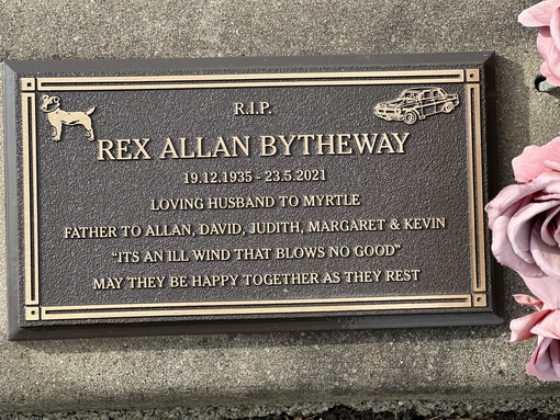 R.I.P. REX ALLAN BYTHEWAY 19.12.1935 - 23.5 2021 Loving Husband to Myrtle, Father to Allan, David, Judith, Margaret & Kevin. " Its an ill wind that blows no good " May they be happy together as they rest.