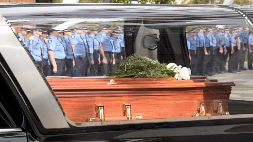 Anthony WOODS. The coffin of Constable Woods leaving the service in an honour guard. Picture: NCA NewsWire / Sharon Smith
