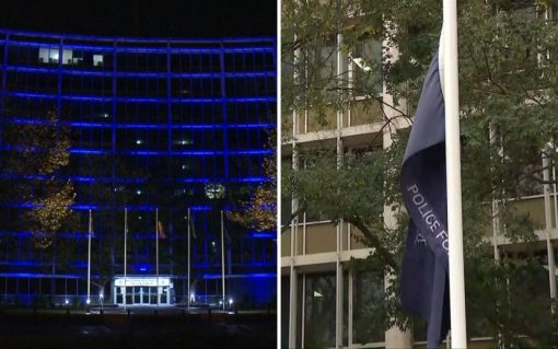 WA Police headquarters was turned blue in honour of the officer, while flags were flown at half-mast in the wake of the officer’s death. Credit: 7NEWS