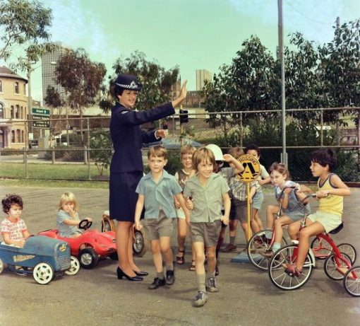 Susan Mary WILLIAMSON, Susan WILLIAMSON, Sue WILLIAMSON Female Officer Sue Williamson conducting traffic duty with some young children back in 1978.