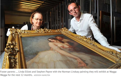Foster parents … Linda Elliott and Stephen Payne with the Norman Lindsay painting they will exhibit at Wagga Wagga for the next 12 months.Credit: Addison Hamilton