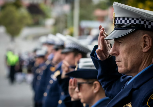 Tasmania Police officers salute at Robert Cooke's funeral in 2020.(ABC News: Luke Bowden)